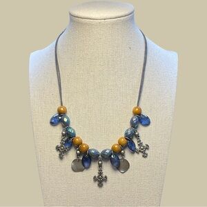 Blue and Wood Beaded Necklace with Cross Pendants